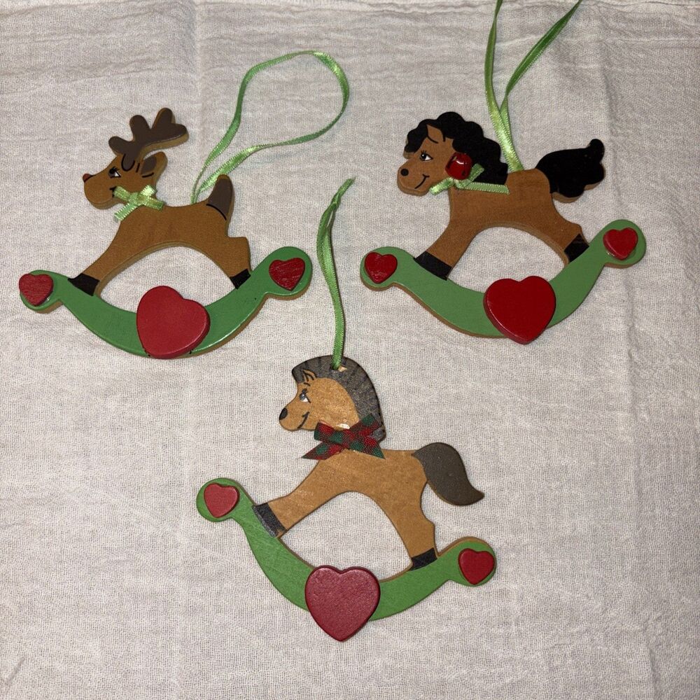 Vintage Kurt Adler Lot Of (3) 1980s Wood Rocking Horse Christmas Ornaments